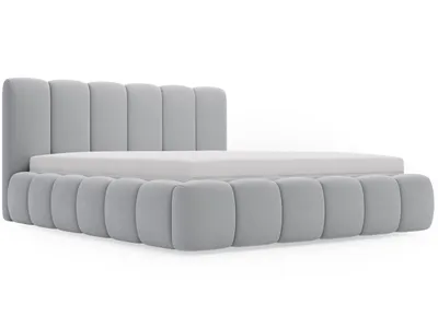 A light gray upholstered bed frame with a mattress on a white background.