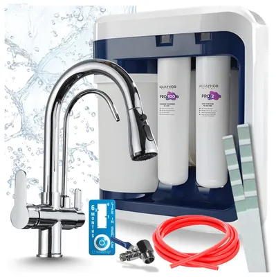 Produktbild von Ari 3-Wege-Küchenarmatur Nordic, Chrom, Ausziehbare Spültischarmatur Im Set Mit Aquaphor Ro-202S Pro Wasserfiltersystem, Untertischanlage