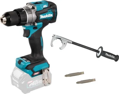 A cordless drill and accessories are displayed against a white background.