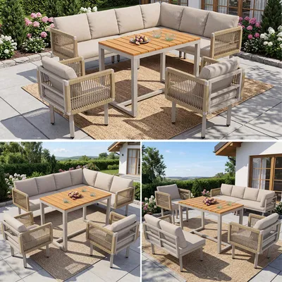 Image de Ensemble de salon de jardin 6 pièces comprenant un canapé d'angle, 2 fauteuils et une table, structure en acier résistante aux intempéries, tressage en corde, coussins d'assise, pour balcon, terrasse ou jardin, gris/beige