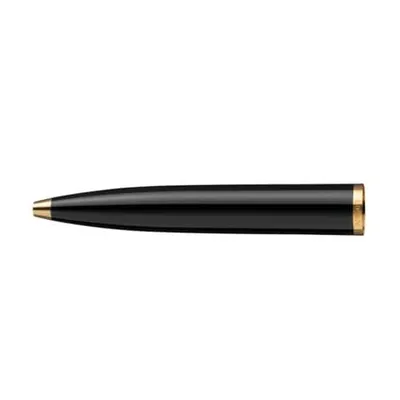 A close-up shot of a black pen tip with a gold accent, isolated on a white background.