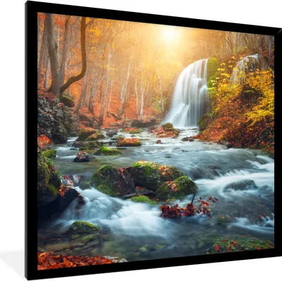 Produktbild von MuchoWow® Gerahmtes Poster Wasserfall - Sonne - Herbst 40x40 cm - Poster mit Schwarzem Bilderrahmen Wandposter Rahmen Foto Bilder - Mit Rahmen - Wanddekoration Schlafzimmer