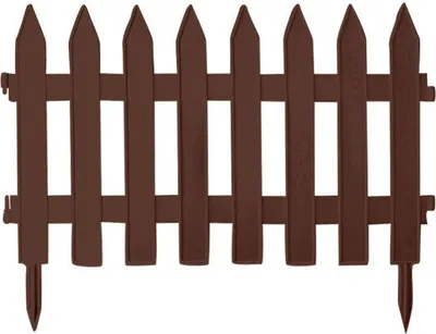 A brown plastic garden fence segment with pointed pickets and stakes for insertion into the ground.