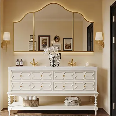 Produktbild von Freistehendes Sinterstein Waschbecken Set, Badezimmer Waschtisch Set, Spiegelschrank, Modernes Badmöbel Set, mit Armaturenloch Weiß 130*55cm /DJLSB/