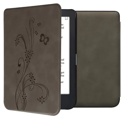 Produktbild von kwmobile Schutzhülle für Kobo Clara 2E / Tolino Shine 4 Hülle - eReader Case aus Kunstleder mit Auto Sleep Funktion - Ranken Schmetterling mit Grau