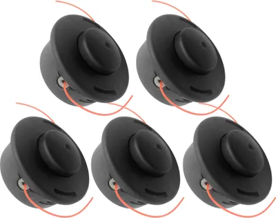 A set of five black trimmer heads with orange string, arranged in two rows on a white background.