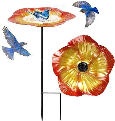 Produktbild von Unyqoos® freistehendes Vogelbad aus rostbeständigem Eisen, wetterfest, mit Blumen‑Nachbildung – für Garten & Balkon, ideal zur Vogelbeobachtung