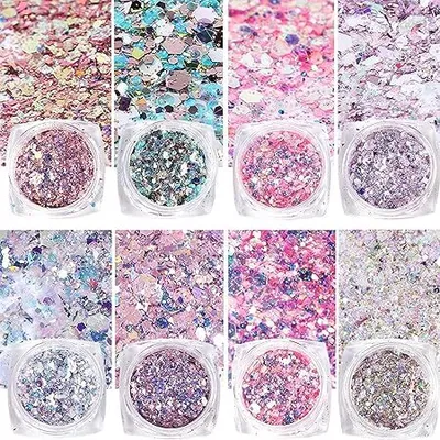 Produktbild von Glitzer für Nägel Splitter Violett Nail Art Glitter 8Pcs Rosa Nagel Glitzer Glitzerpulver Nail Sequin Flakes Set