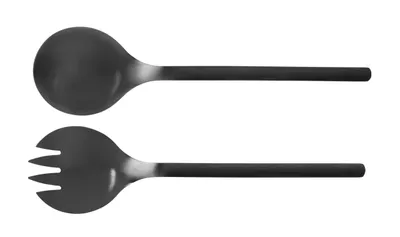 A set of salad servers, one spoon and one fork, are displayed against a white background.