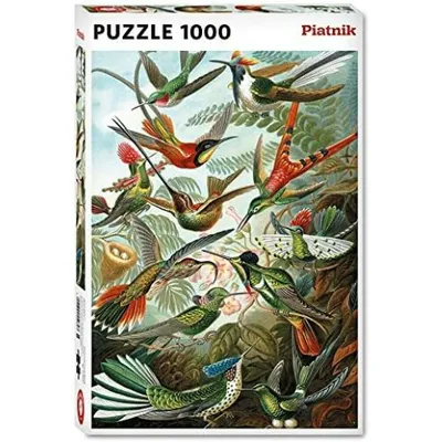 A puzzle box featuring a detailed illustration of numerous hummingbirds in flight amidst foliage.