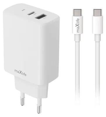 Zdjęcie produktu dla Maxlife Ładowarka Sieciowa Pd Qc Mxtc-10-30Ac 1X Usb-C 1X Usb 30W Biała + Kabel Usb-C - Usb-C 60W