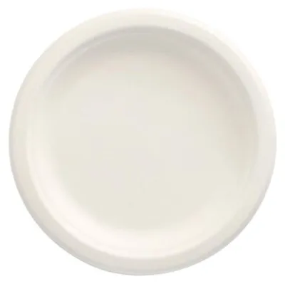 Produktbild von PAPSTAR Teller aus Zuckerrohr "pure", Ø 15 cm, ungeteilt, weiß | Schrumpffolie (50 Stück)