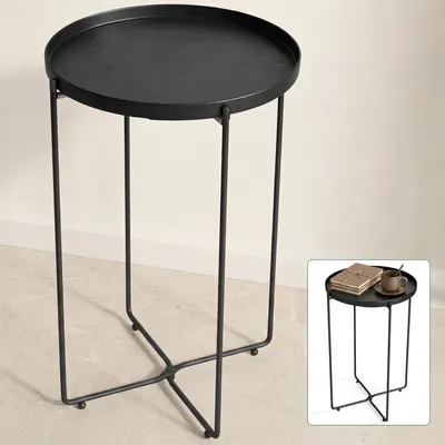 Produktbild von Mai & Mai Beistelltisch rund Ø35×H51 cm, Couchtisch klein mit abnehmbarem Tablett aus PP-Kunststoff, Schwarz Reglo-08