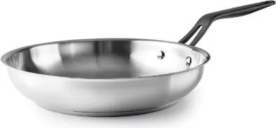 A stainless steel frying pan with a black handle is shown against a white background.