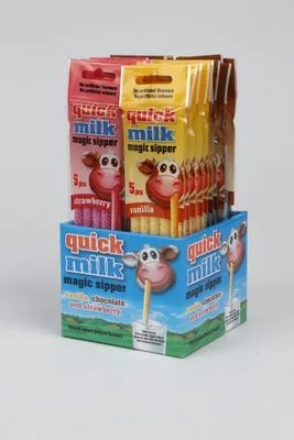 Produktbild von Quick Milk 5 Erdbeere-Vanille-Schokolade Magische Strohhalme 100 Stück - 20 Packung je 5 Trinkhalme