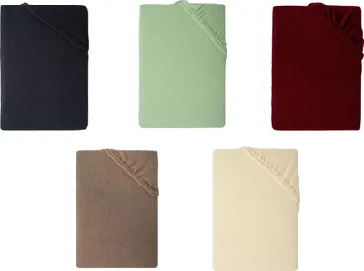 Five folded fitted sheets in different colors, arranged in a grid.