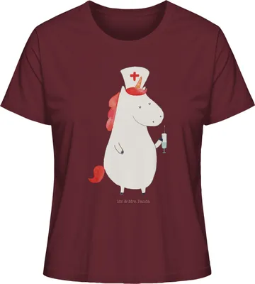 Produktbild von Mr. & Mrs. Panda Oberteil Damen Einhorn Krankenschwester Größe L - Burgundy - Geschenk, Krankenhaus, Basic T-Shirt, Ärztin, Shirt, Unicorn, Krankenpflegerin, Kurzarmshirt