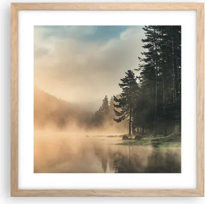 Produktbild von Gerahmtes Poster - Rahmen in heller Eiche - Nebel See Wald - 40x40 cm - Wand Bild - Wanddeko - Wandbilder - Kunstposter - Wandposter - Bilderrahmen - Bilder - Kunstdruck - P2NAC40x40-4440