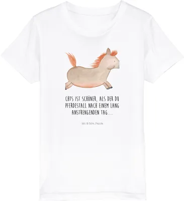 Produktbild von Mr. & Mrs. Panda Organic Kinder T-Shirt Pferd Springen 7-8 Jahre (122/128) - Weiß - Geschenk, Baumwolle, Pferdestall, Bauernhof, Kindershirt, Pferde, Teenager, Reiten