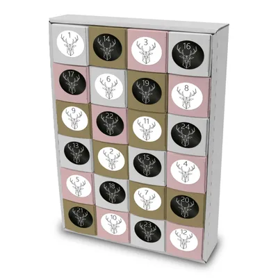 Produktbild von itenga SET Adventskalender zum Füllen Würfel 6,5cm + Sticker Z48 + Würfel (gold, weiß, rosa)