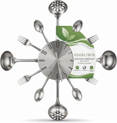 Produktbild von Wanduhr Küche | Design-Uhr aus Edelstahl im Küchenbesteck-Look | Dekorative Uhr für Restaurant & Wohnzimmer | 35 cm Durchmesser