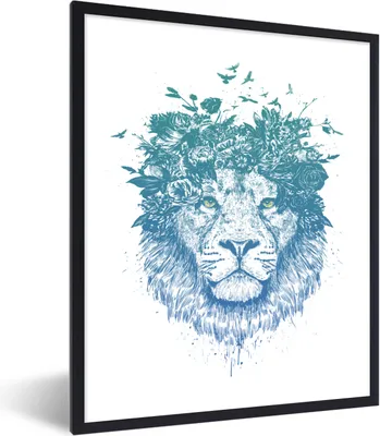 Produktbild von MuchoWow® Gerahmtes Poster Löwe - Blumen - Vögel - Blau 60x80 cm - Poster mit Schwarzem Bilderrahmen Wandposter Rahmen Foto Bilder - Premium - Wanddeko Wohnzimmer