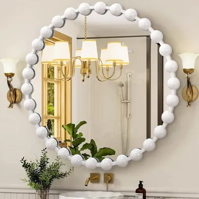 Productafbeelding van Ronde wandspiegel, diameter 70 cm, met parelmoerachtige omlijsting, wit, metalen frame, decoratief, geschikt voor woonkamer en badkamer