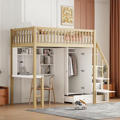 Image de Lit superposé pour enfant, dimensions 90x200, avec armoire, bureau, espace de rangement et escalier. Lit en bois, finition naturelle