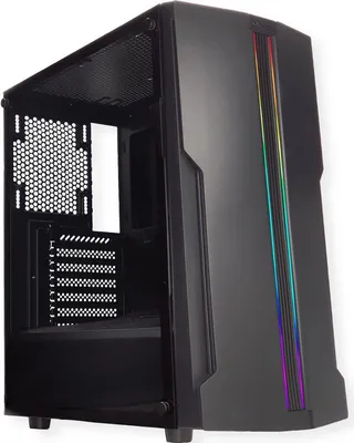 A black computer case with RGB lighting on the front panel, shown from a diagonal angle with the side panel open.