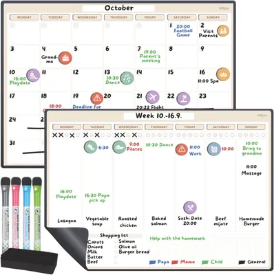 Image de Calendrier magnétique A3, pour réfrigérateur, avec tableau de planification mensuelle et hebdomadaire effaçable, 42 autocollants, 4 marqueurs