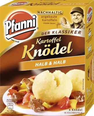A product box for Pfanni potato dumplings, showing a picture of the prepared dish.