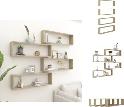 A set of wooden cube shelves mounted on a white wall, with some decorative items placed on them.