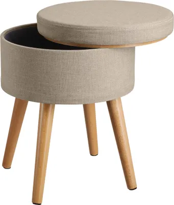 A beige fabric storage ottoman with wooden legs.