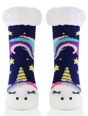 Produktbild von Kindersocken Thermo Weich Flauschig Warm Dick Kuschelsocken Haussocken Tiersocken Blau Einhorn 3-5 Jahre
