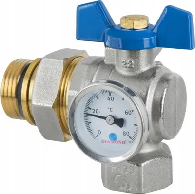 Produktbild von 1" Eckkugelhahn mit Thermometer und blauem Flügelgriff