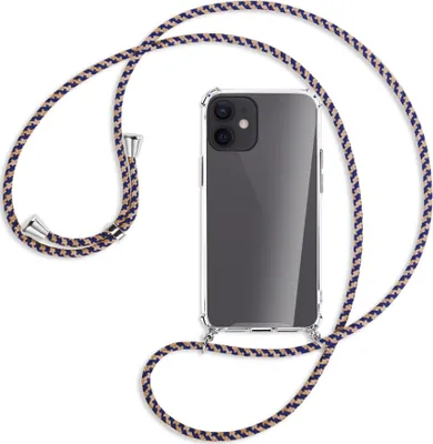 Produktbild von Handykette Backcover-Schutzhülle mit Band (Metall silberfarben) für Apple iPhone 12 Mini - blau+beige