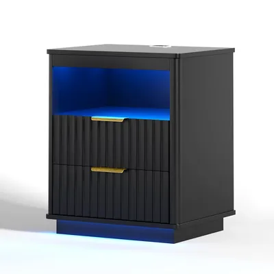 Produktbild von LVSOMT Moderner schwarzer LED Nachttisch für das Schlafzimmer, mit praktischer Ladefunktion und 2 geräumigen Schubladen, Stilvoller Nachtschrank mit B