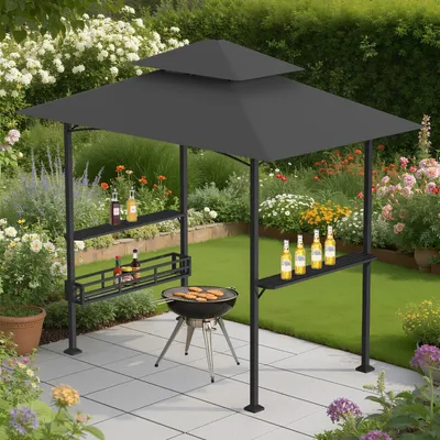 Obrázok produktu pre Grilový altánok Peviasot s dvojitou strechou 238 x 148 x 250 cm, čierny, altánok na grilovanie s bočnými policami, kovovým košom, háčikmi a otváračom na fľaše
