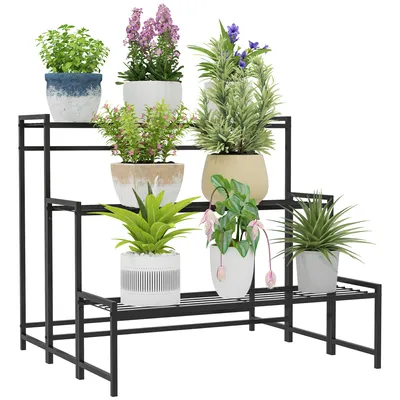 Produktbild von Outsunny 3-Etagen Pflanzenständer, Blumenständer für Innen Außen, Pflanzenregal aus Metall, mehrstöckig Blumenregal, 66 cm hoch Blumentreppe