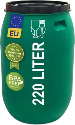 Image de Bidon de 220 litres pour l'eau, avec ouverture large,  comme conteneur pour l'alimentation, avec couvercle à charnière, en HDPE, sans BPA