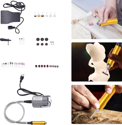 A collage of images showing a rotary tool set, its accessories, and examples of its use in carving wood and sculpting.