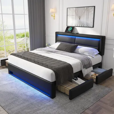 Image de MODFU Lit Double 140x200 cm avec Rangement Intégré - LitPolyuréthaneCapitonné avec Éclairage LED Télécommandé, Ports USB et Chargeur Sans Fil - Sans Matelas - Noir