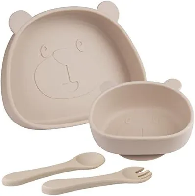 Produktbild von Baby Teller,Kinderteller mit Saugnapf,Rutschfest Kinder Tischset,Silikon Baby Teller,Babyteller mit Löffel Gabel, BPA Frei, Babygeschirr,Spülmaschinen-und Mikrowellenfest 4 Stück…
