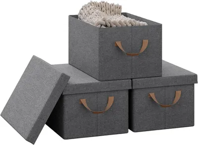 Produktbild von 3er-Set Aufbewahrungsboxen mit Deckel und Griffen, faltbar | Grau | 38x27x20 cm