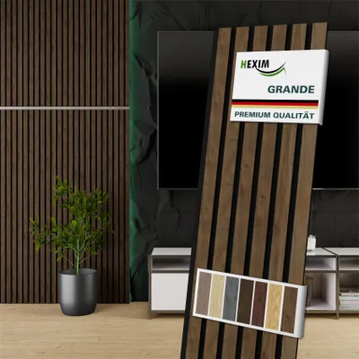 Produktbild von HEXIM Akustikpaneele 140x30cm Holz Grande - Wandpaneele Platten Lamellen Holzpaneele Echtholzfurnier 21mm Filz Schalldämmung MDF Braun (0,42m² Light Walnut)
