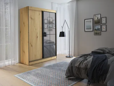 Produktbild von Easy4You OSLO II Artisan Schiebetürenschrank Kleiderschrank 150x216x65 cm mit Spiegel - Schlafzimmermöbel, Aufbewahrung – Mehrzweckschrank mit Kleiderstange