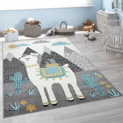 Produktbild von Kinderteppich, Teppich Kinderzimmer Lama Berge Kinder-Motiv, Grau Türkis Gelb Grösse 120x160 cm