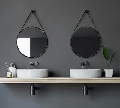 Produktbild von Aluminium Spiegel Ø 50 cm mit schwarzer Lederbandumrandung
