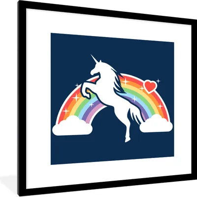 Produktbild von MuchoWow® Gerahmtes Poster Eine Illustration von einem weißen Einhorn vor einem Regenbogen auf einem blauen Hintergrund - Mädchen - Kind - Baby 40x40 cm - Poster mit Schwarzem Bilderrahmen Wandposter Rahmen Foto Bilder - Poster - Plakat im Rahmen