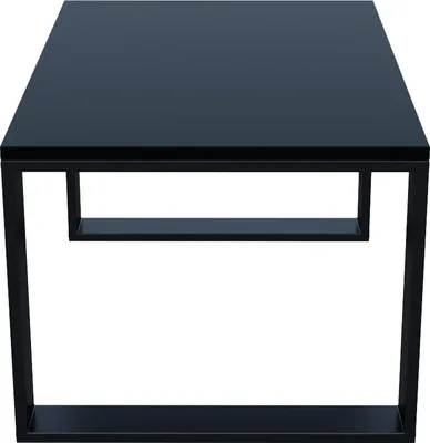 A black coffee table with a black metal frame, shown from the front.